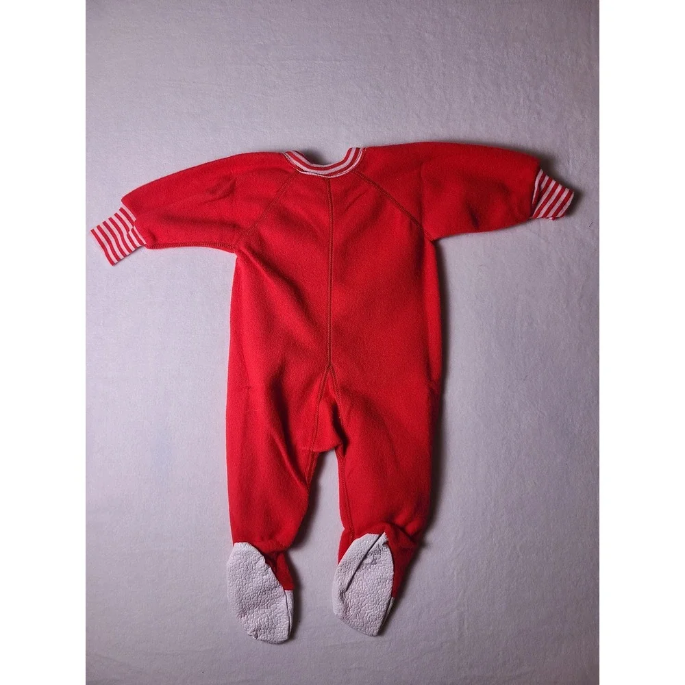 USA VTG Y2K Triboro Footed Sleeper Baby 6-12M Red Fleece Striped Trim 90s